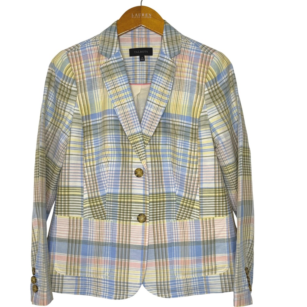 Talbots Madras Pastel Plaid Linen Blend Blazer Women's Size 4